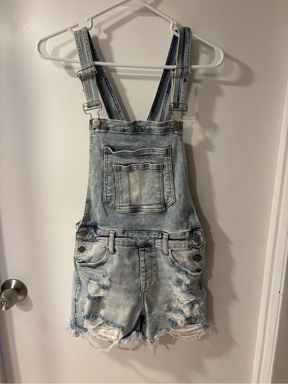 Risen Jeans Size Small Distressed Denim Short Overalls Light Wash